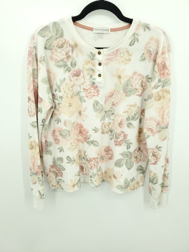 Pj Salvage Waffle Knit Floral Print Henley Long Sleeve Lounge/Sleep Tee M Cream